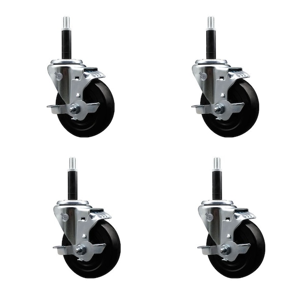 4'' Hard Rubber Swivel 3/4'' Expanding Stem Caster Set with Brake, 4PK